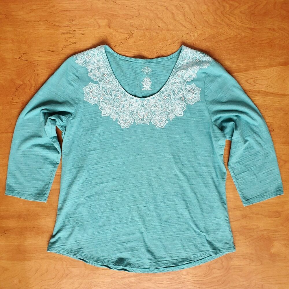 St Johns Bay 3/4 Sleeve Tee Size L Sea Green Floral Neckline Embellished Coastal